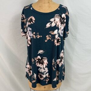 24/7 Dark Green White Flowers Short Sleeve Scoop Neck Blouse XXL